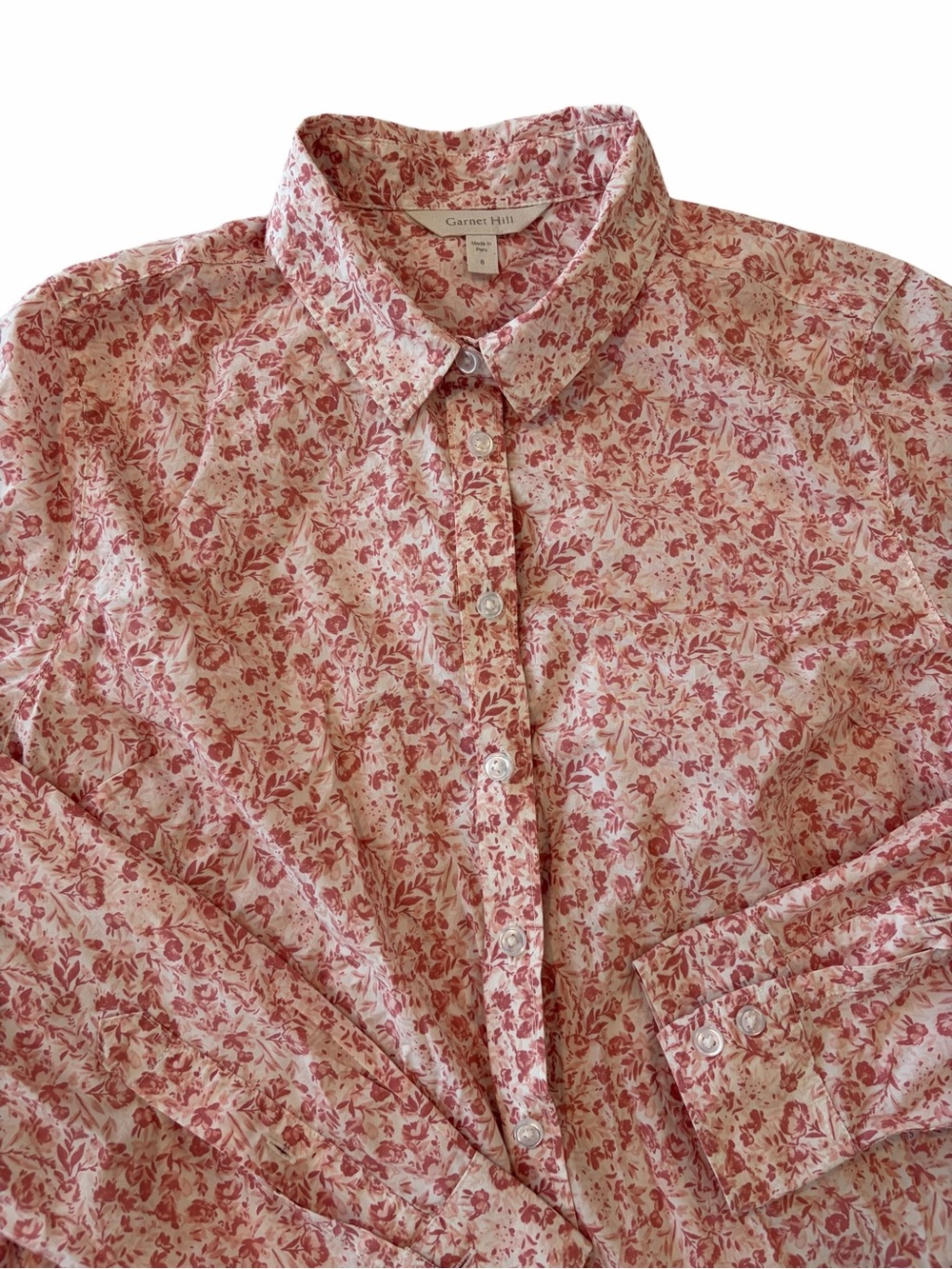 Garnet Hill Floral Button Front Shirt Women Size 6 Pink Long Sleeve Cotton